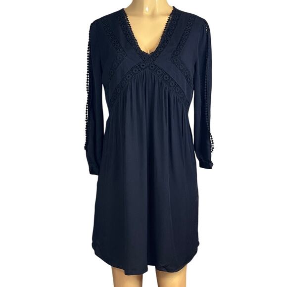 Gianni Bini Solid Black Long Split Sleeve Mini Dress Embroidered Size Small - Picture 1 of 11